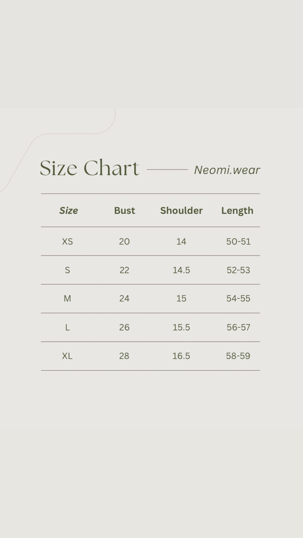 Neomi Wear size chart